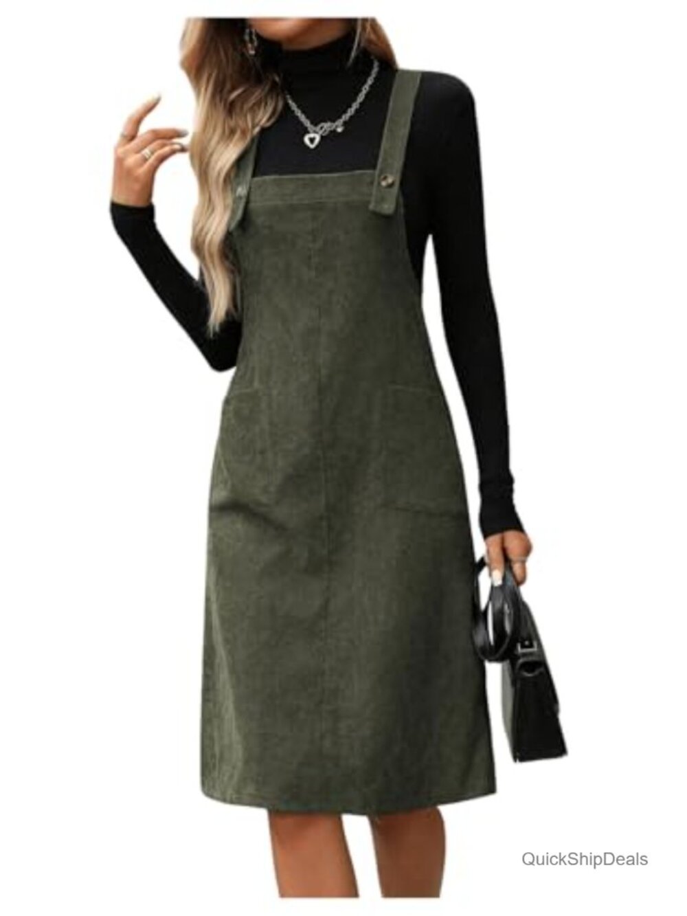 Sleeveless Corduroy Overall Dress Knee Length Square Neck Pinafore